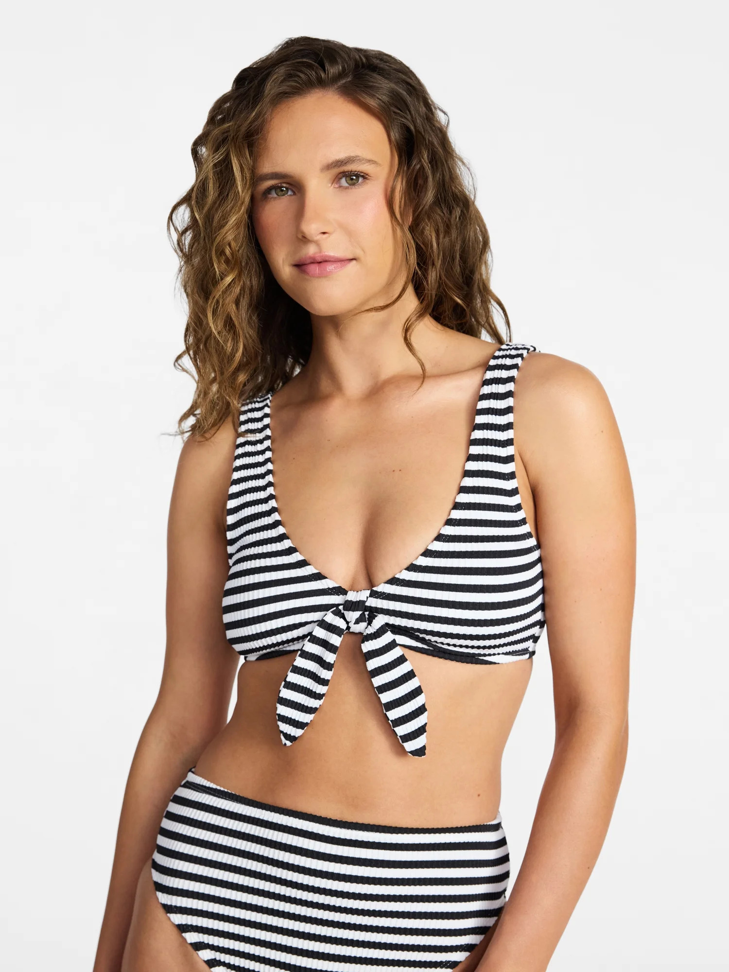Time and Tru Women's and Women's Plus Crinkle Plunge Tie Front Bikini Top, Sizes XS-3X | Walmart (US)