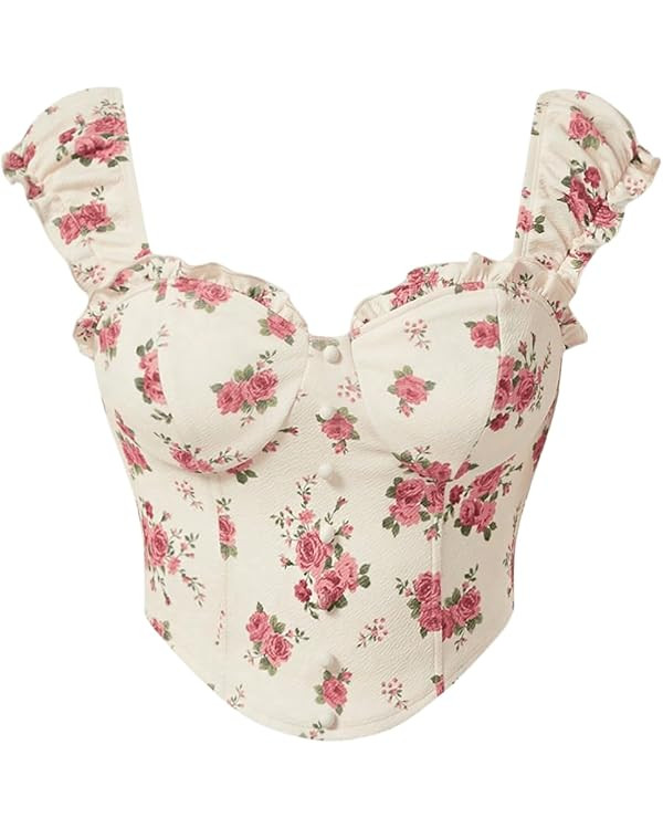 Milumia Women Floral Corset Top Button Frill Cap Sleeve T-Shirts Curved Hem Cute Tee Tops | Amazon (US)