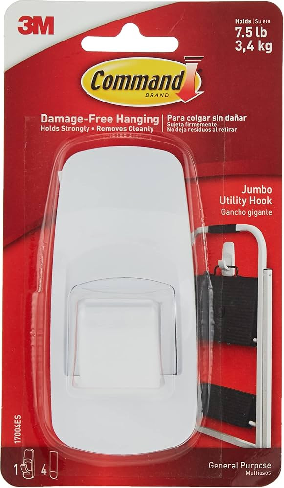 Command Jumbo Utility Hooks, Damage Free Hanging Wall Hooks with Adhesive Strips, No Tools Wall H... | Amazon (US)