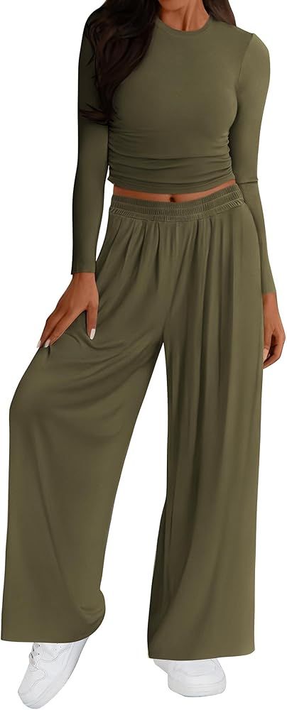 KIRUNDO Lounge Sets for Women 2024 Fall Long Sleeve Crop Top Wide Leg Palazzo Flowy Pants Casual ... | Amazon (US)