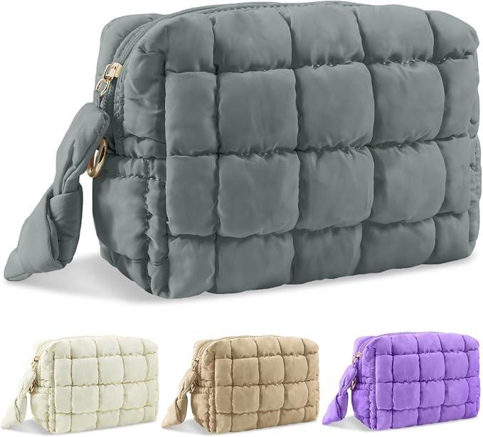Puffer Quilted Makeup Bag Cosmetic Bags,Puffy Travel Toiletry Pouch for Women,Cute Checkered Zipp... | Amazon (US)