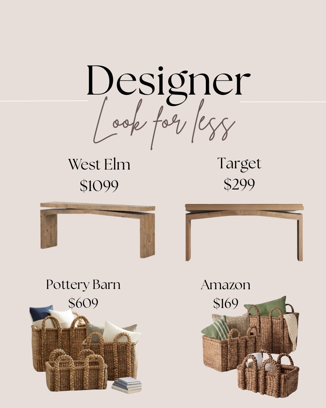 Designer lookalikes!
Pottery barn dupe, beachcomber baskets, four hands console lookalike 

#LTKSaleAlert #LTKHome