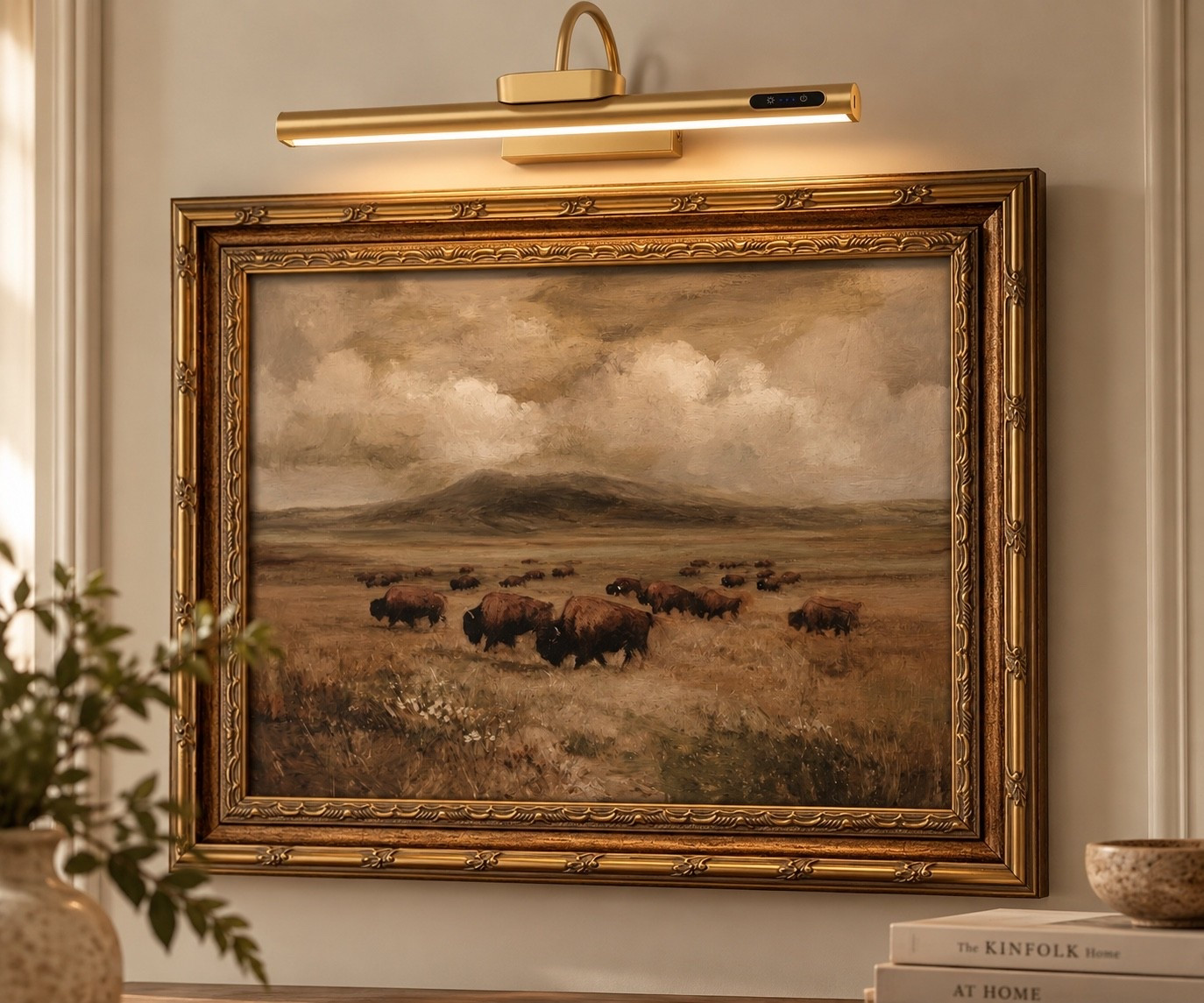 This is how you make wall art feel like a moment instead of something you hung just to fill a blank wall. 🤎 The vintage-inspired buffalo landscape has the prettiest warm, moody tones, and that ornate antique-gold frame makes it look like something collected over time. Adding the rechargeable brass picture light above it completely finishes the look. No hardwiring required 🙌🏼

vintage buffalo art, buffalo wall art, bison wall art, western wall art, western home decor, vintage western art, landscape wall art, vintage landscape art, moody landscape art, framed landscape art, antique style wall art, vintage inspired wall art, large wall art, oversized wall art, living room wall art, statement wall art, gold framed art, antique gold frame, ornate gold frame, vintage gold frame, traditional wall art, picture light, brass picture light, gold picture light, rechargeable picture light, wireless picture light, battery operated picture light, cordless picture light, no wire picture light, art light, wall art lighting, gallery lighting, rechargeable wall light, renter friendly lighting, no hardwire lighting, living room decor, neutral home decor, warm neutral decor, collected home decor, traditional home decor, transitional home decor, modern traditional decor, western decor, elevated home decor, expensive looking home decor, designer inspired decor, designer look for less, Amazon home finds, Amazon home decor, Amazon wall decor

#LTKSeasonal #LTKHome #LTKselfcare