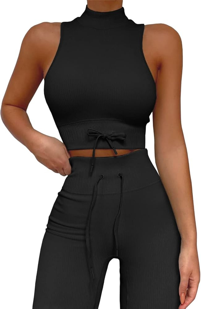 QINSEN Ribbed Workout Sets for Women Seamless High Neck Sport Bra Tummy Control Yoga Leggings 2 Piec | Amazon (US)