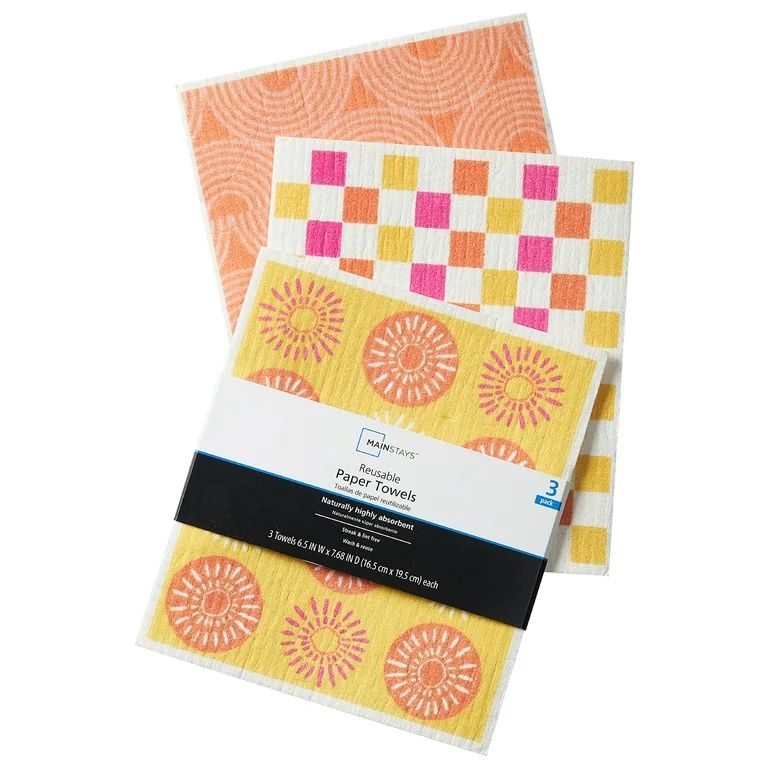 Mainstays Reusable Paper Towels Sun Print, 3 Pack, Summer Yellow Pink | Walmart (US)