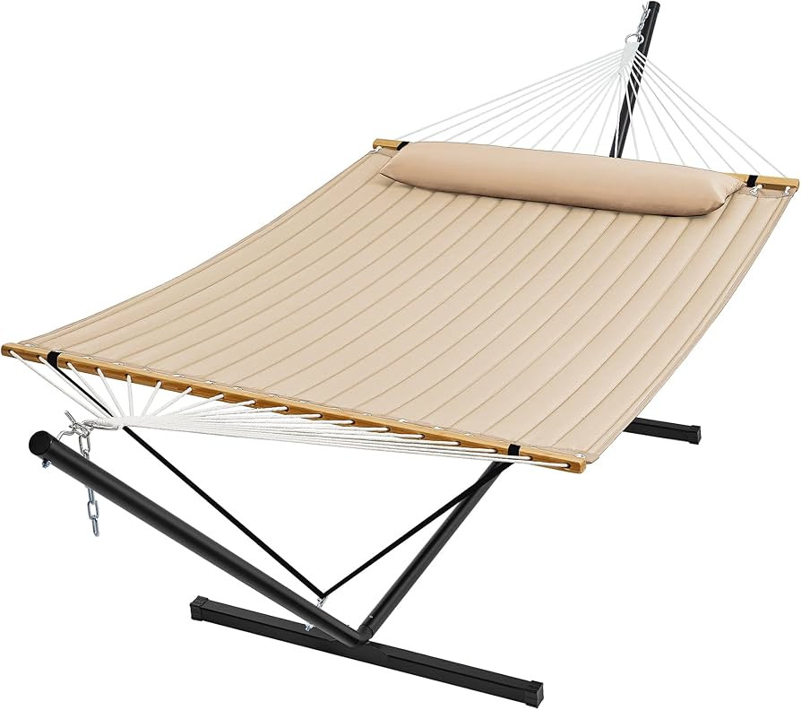SUPERJARE Hammock with Stand, 2 Person Quilted Outdoor Hammock, Detachable Pillow & Bamboo Spread... | Amazon (US)