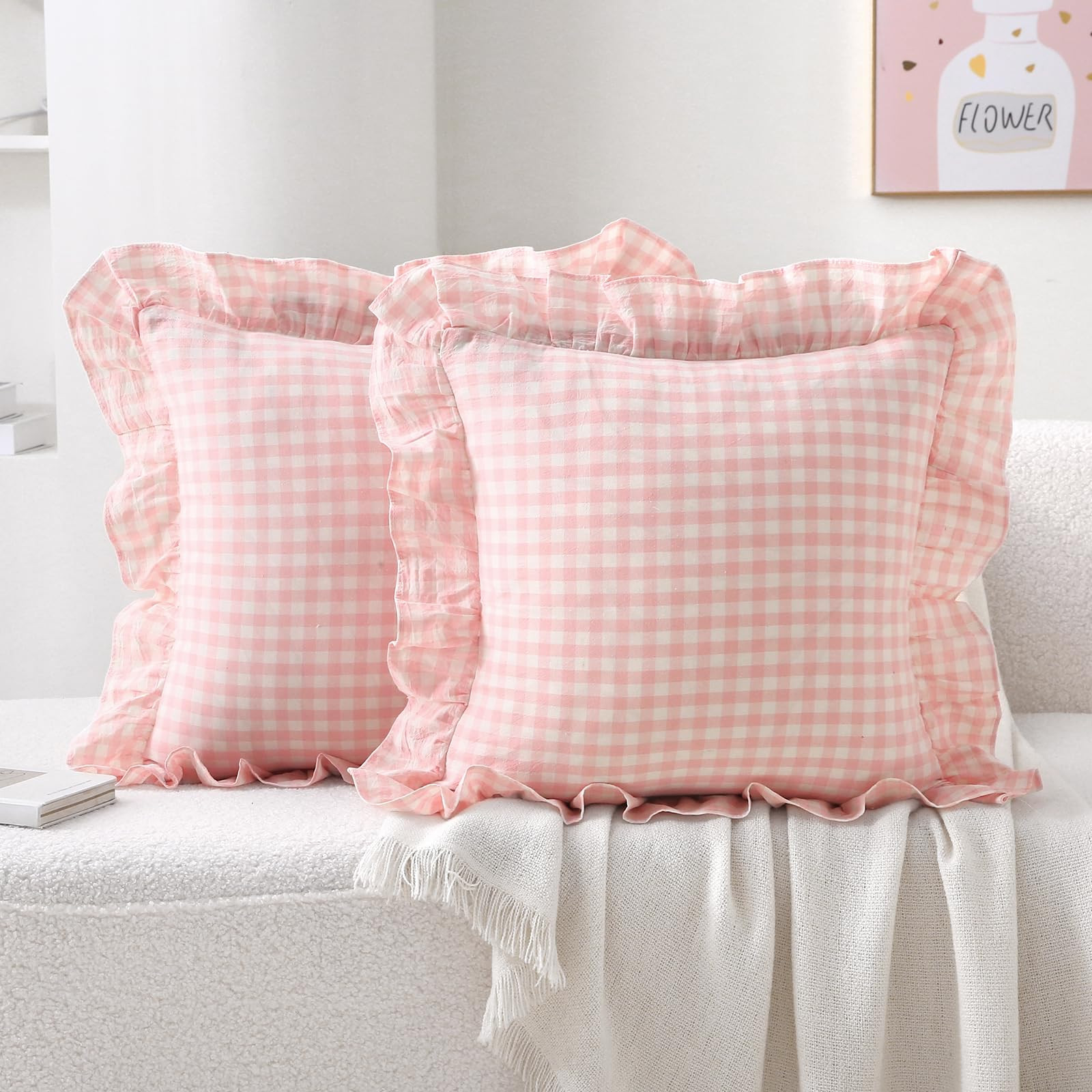2 Pack Blush White Plaid Ruffle Gingham Throw Pillow Covers, 100% Washed Cotton Checkered Farmhou... | Amazon (US)