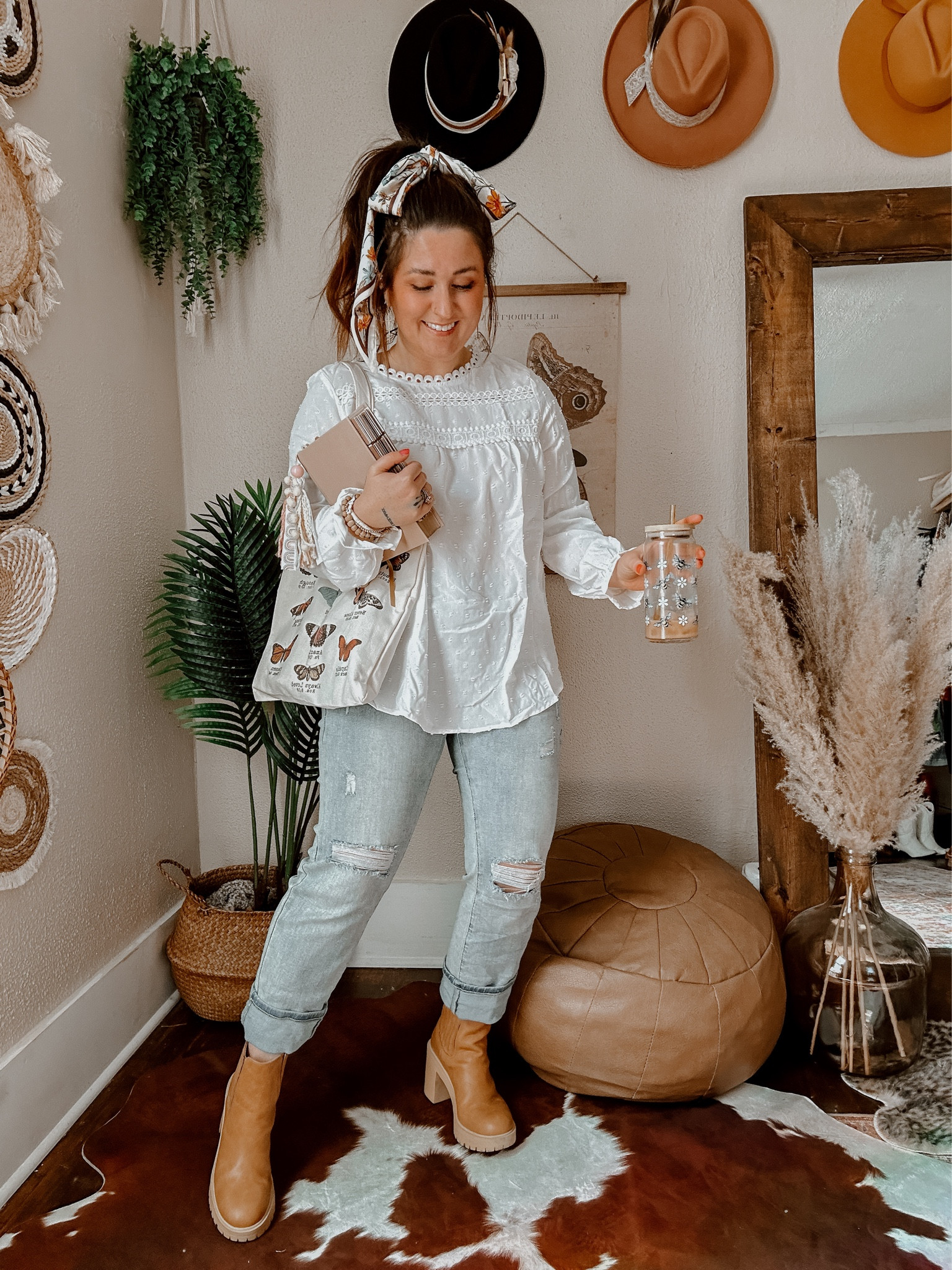 My Sunday outfit!! Church outfit + errands outfit! Wearing medium in white embroidery lace blouse, medium in light wash distressed denim which is very stretchy! Large in faux brown suede jacket (runs slightly small) and my TTS in my platform booties! Cross earrings, floral scarf for my boho ponytail and my bible and church butterfly tote! 

#LTKstyletip #LTKU #LTKSeasonal