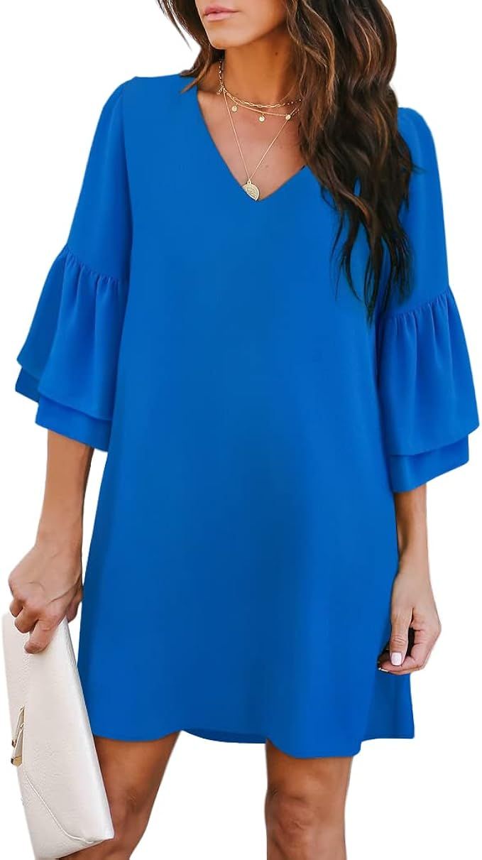 BELONGSCI Women's 2023 Summer Dress Sweet & Cute V-Neck Bell Sleeve Shift Dress Mini Dress, Perfe... | Amazon (US)