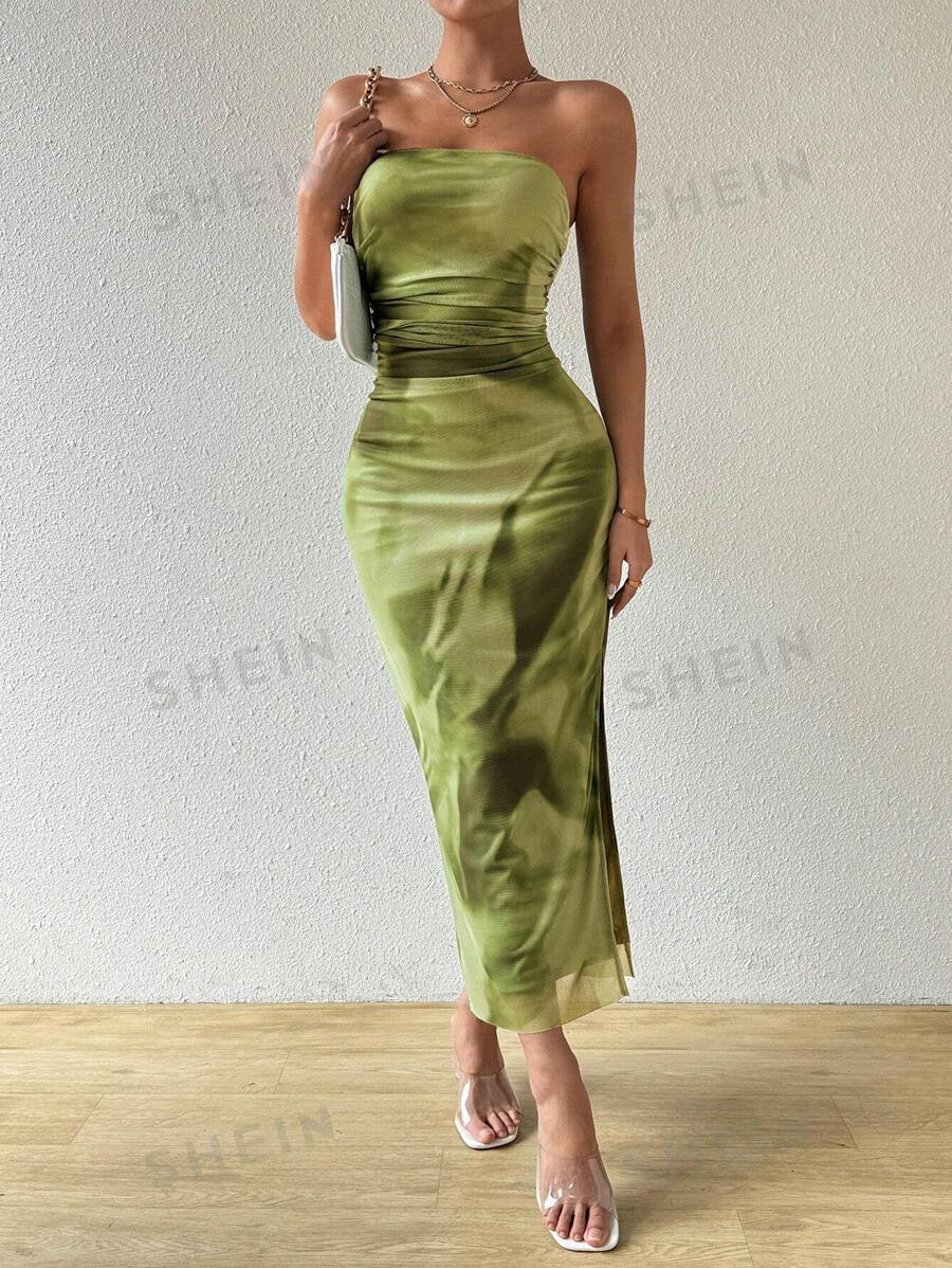 SHEIN BAE Women Gradient  Strapless Dress With Waist Cinching And Ruched Design | SHEIN