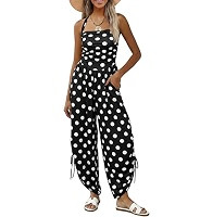Fisoew Womens Casual Jumpsuits Summer Halter Straps Sleeveless Overalls Ruched Barrel Wide Leg Si... | Amazon (US)