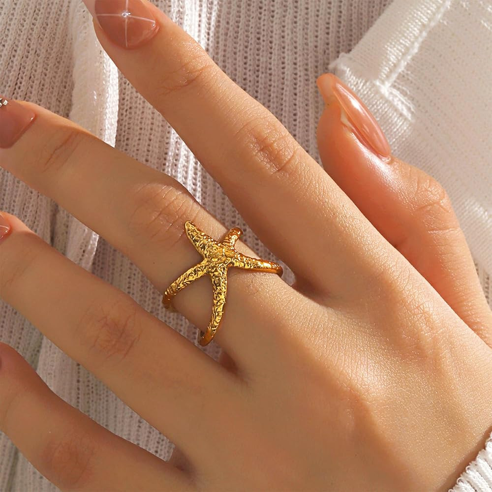 Starfish Statement Ring For Women Stainless Steel Seashell Rings Opening Adjustable Gold Silver S... | Amazon (US)