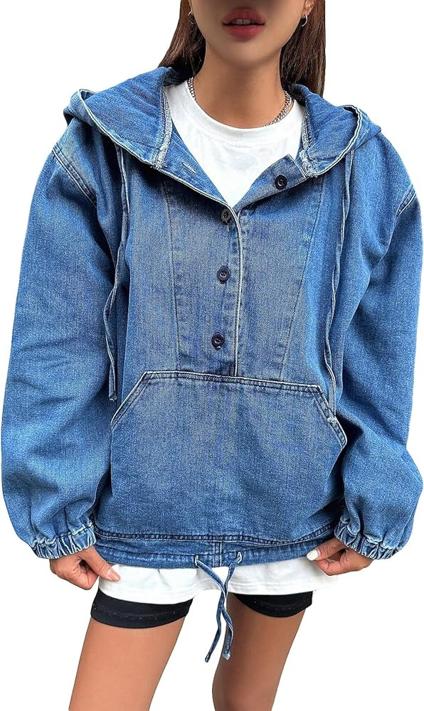 Floerns Women's Half Button Hooded Denim Jacket Drawstring Hem Drop Shoulder Coat | Amazon (US)