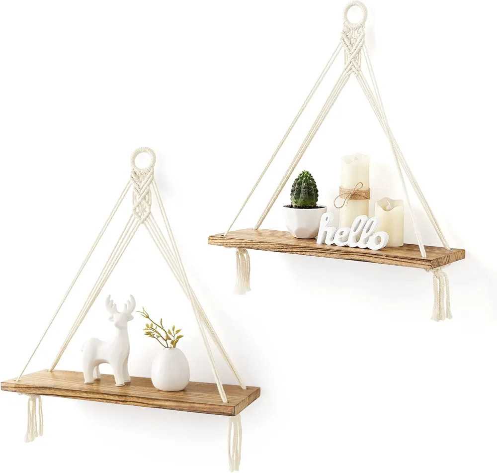 Mkono Macrame Hanging Shelves Boho Wall Decor Set of 2 Rustic Wood Floating Storage Shelf for Bed... | Amazon (US)