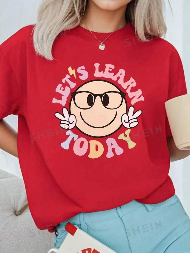 SHEIN LUNE Cartoon & Slogan Graphic Drop Shoulder Tee | SHEIN