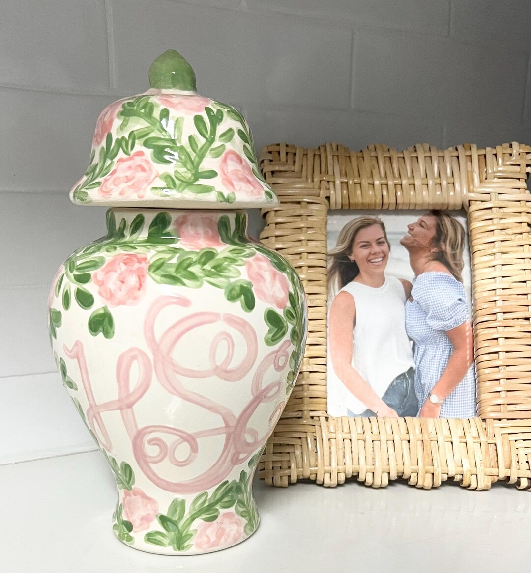 Monogrammed Ginger Jar 12" Hand Painted - pink and green floral toile | Etsy (US)