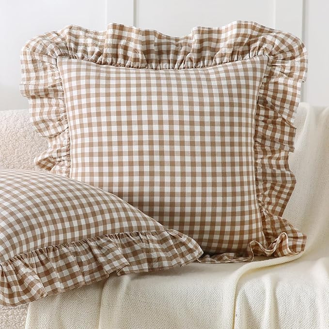 Aryeleay 2 Pack Taupe White Plaid Ruffle Throw Pillow Covers, 100% Cotton Gingham Checkered Farmh... | Amazon (US)