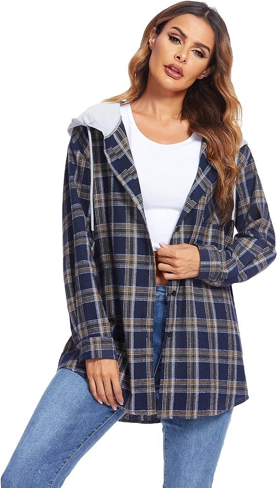 Hotouch Womens Flannel Shirts Plaid Hoodie Jacket Long Sleeve Button Down Blouse Tops Casual Boyf... | Amazon (US)