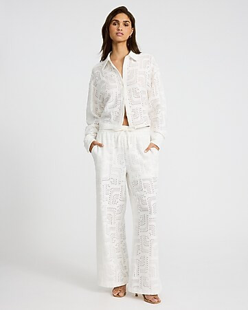 Two Piece Set: Jacquard Cropped Portofino Shirt + High Waisted Jacquard Pull On Wide Leg Pants | Express