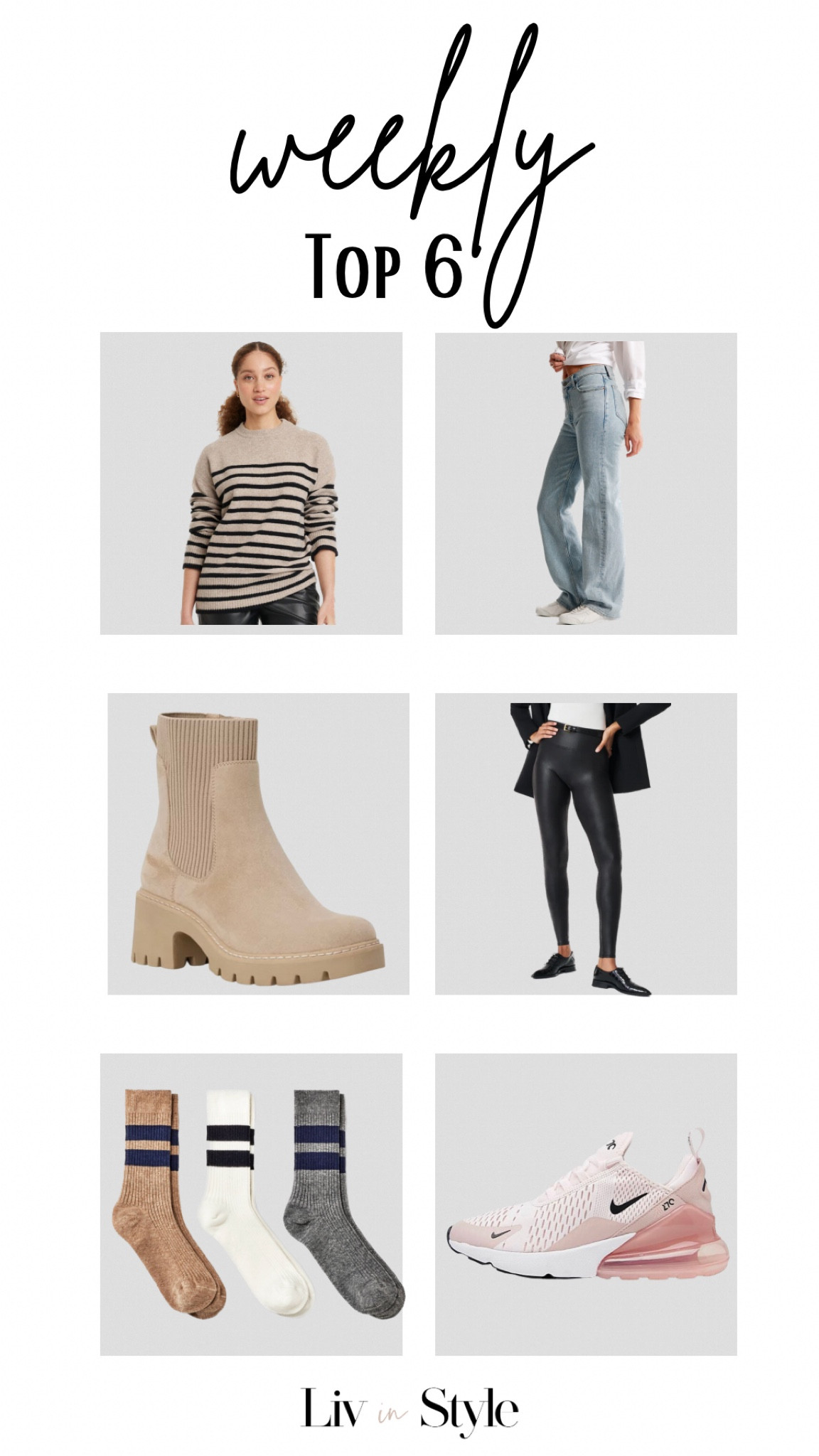 This week’s top 6! Crewneck sweater, Jeans, boots, faux leather SPANX leggings, socks and Nike 270 sneakers.

#LTKstyletip #LTKshoecrush #LTKsalealert