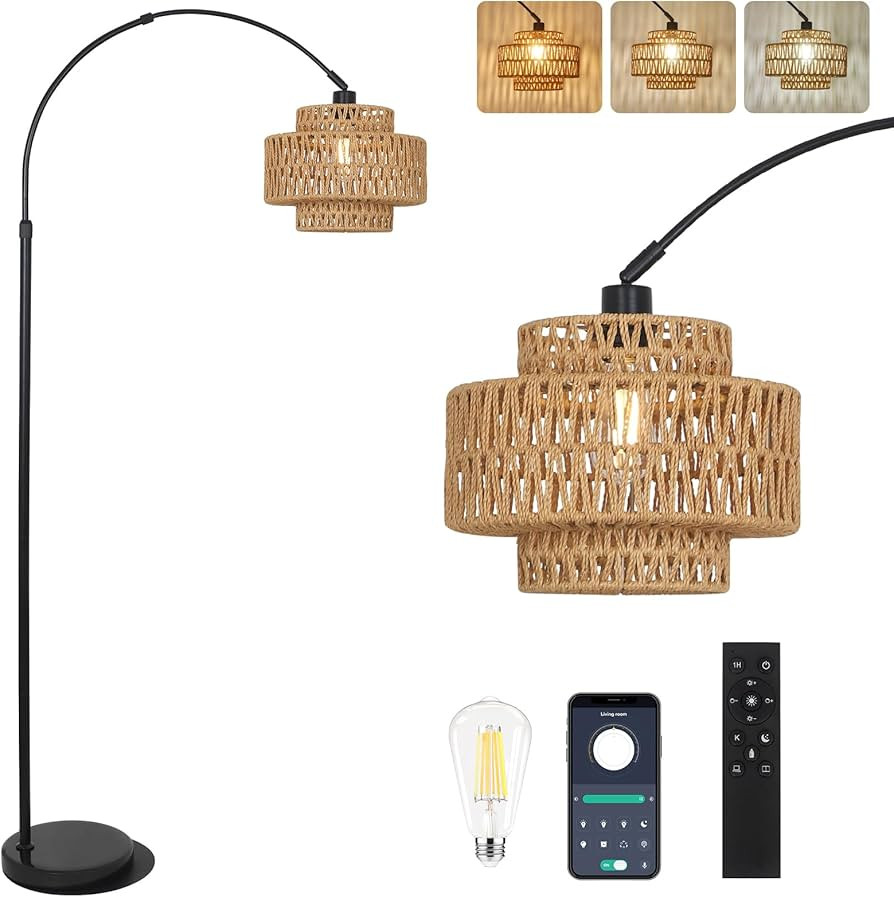 HMVPL Arc Floor Lamp for Living Room, Boho Rattan Floor Lamp with Remote, Black Standing Lamp wit... | Amazon (US)