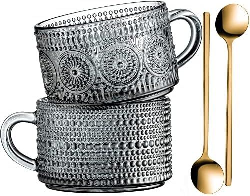 Gezzeny Vintage Coffee Mugs, Glass Coffee Mugs 14 Oz Set of 2 Gray Embossed Glass Cups, Tea Cups, Gl | Amazon (US)