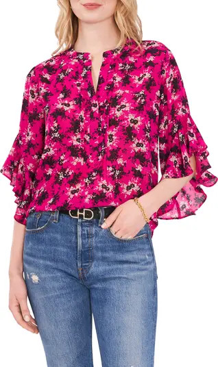 Ruffle Sleeve Split Neck Blouse | Nordstrom