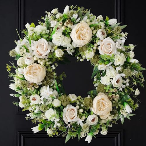 Artificial Floral Wreath for Front Door, 22" White Peony Rose Wreath for Indoor Outdoor Home Wall Window Wedding Decorations | Amazon (US)