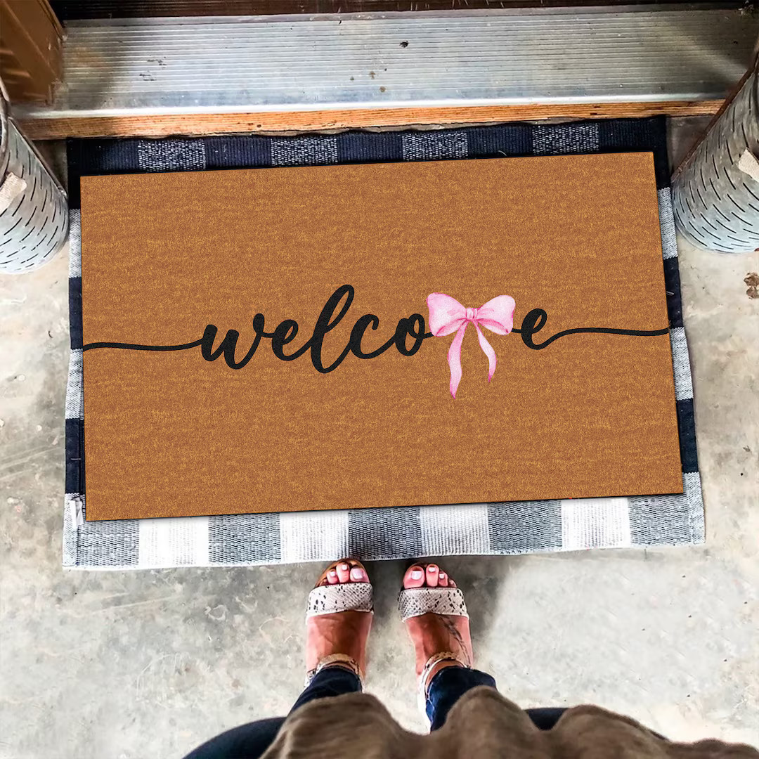 Welcome Pink Bow Doormat, Watercolor Pinky Bow Welcome Doormat, Watercolor Bow Lover Gift, Front ... | Etsy (US)