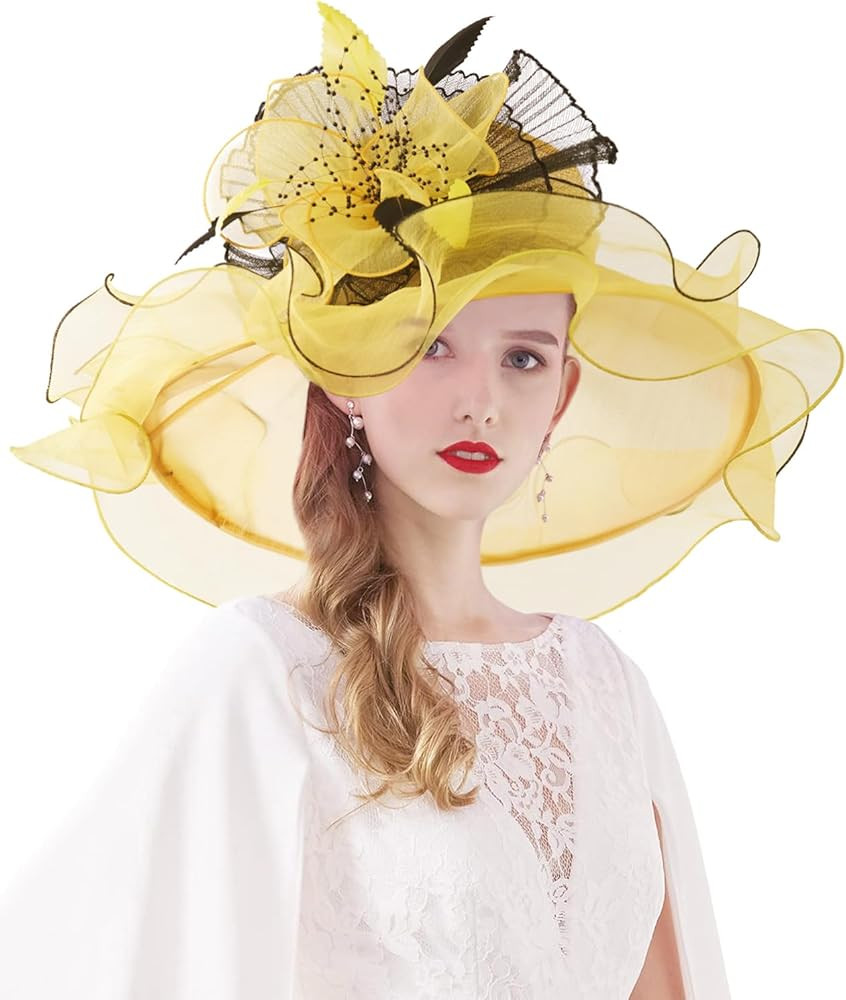 Women Derby Church Hat Organza Flower Wedding Tea Party Fascinator Hat Wide Brim Sun Hat | Amazon (US)