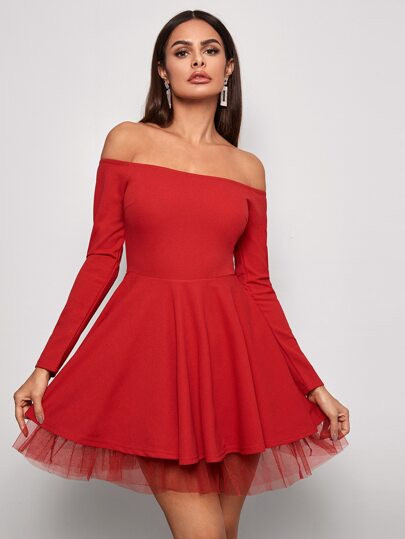 SHEIN Off Shoulder Mesh Hem Fit and Flare Dress | SHEIN