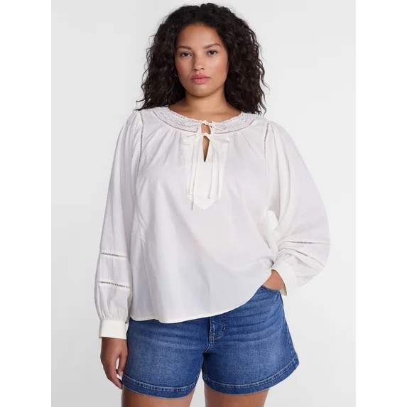 Terra & Sky Women's Plus Tie Front Geo Eyelet Cotton Blouse with Long Sleeves, Sizes 0X-5X | Walmart (US)