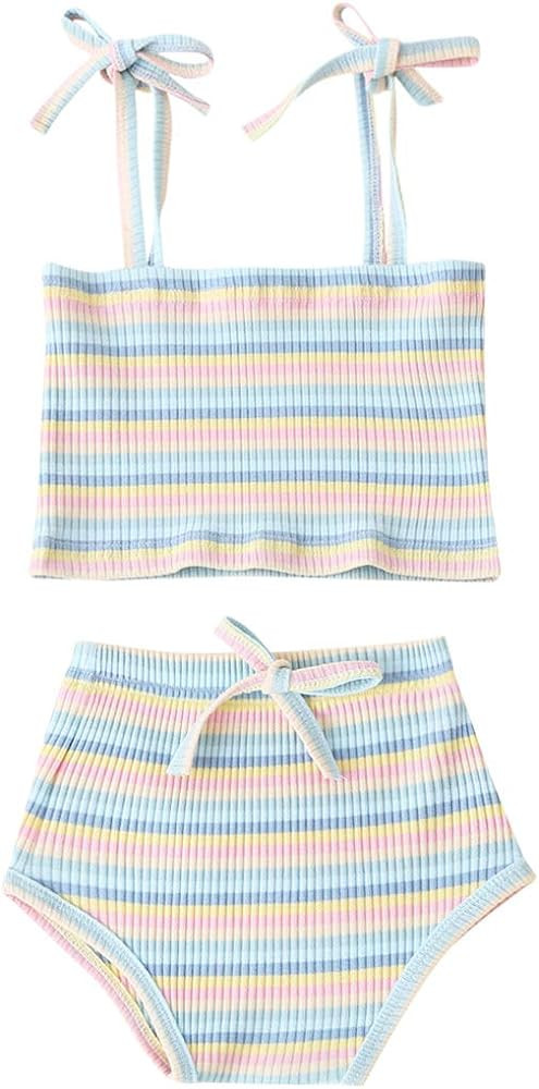 MODNTOGA Newborn Toddler Baby Girls Summer Clothes Set Rainbow Outfits Sleeveless Halter Tank Top... | Amazon (US)