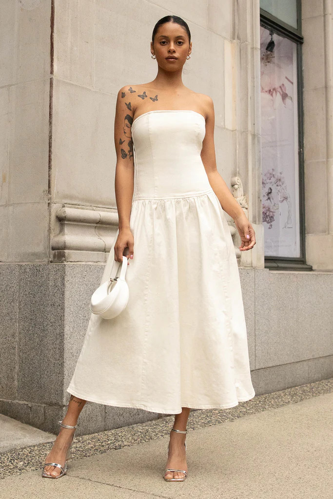 DROP-WAIST STRAPLESS TWILL DRESS | OAK + FORT