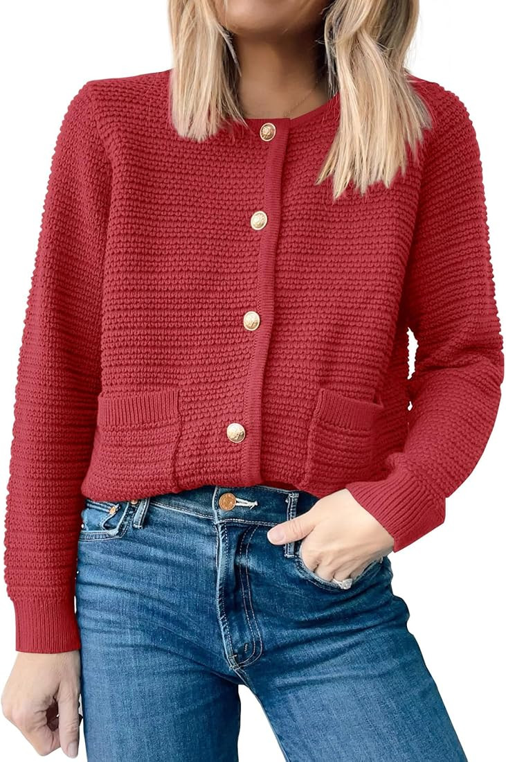 ANRABESS Women's Tweed Knit Cardigan Sweater Casual Long Sleeve Cropped Button Down Lady Jackets ... | Amazon (US)