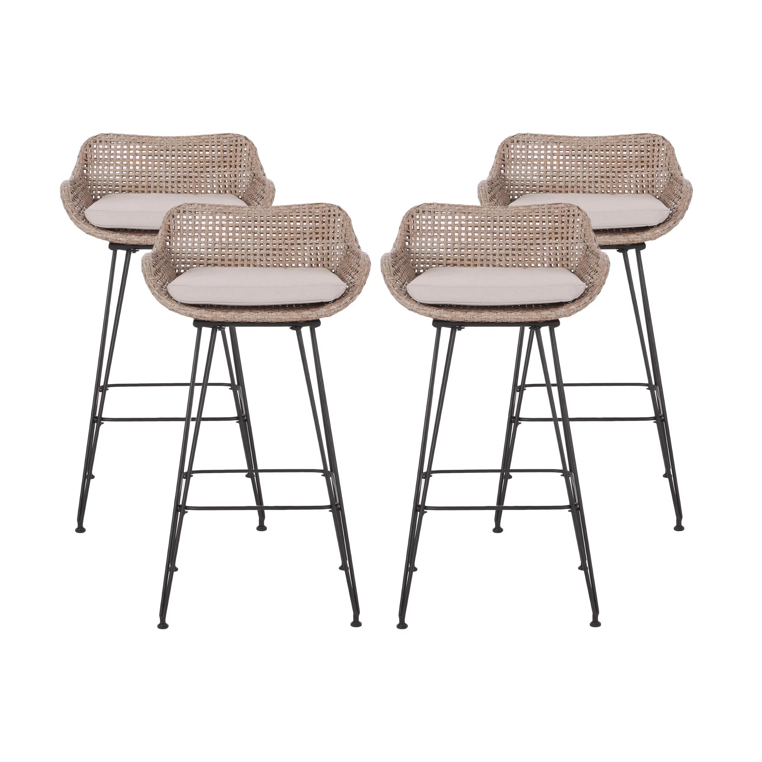 Pondway Outdoor Wicker and Iron Barstools with Cushion, Set of 4, Mixed Brown and Beige | Walmart (US)