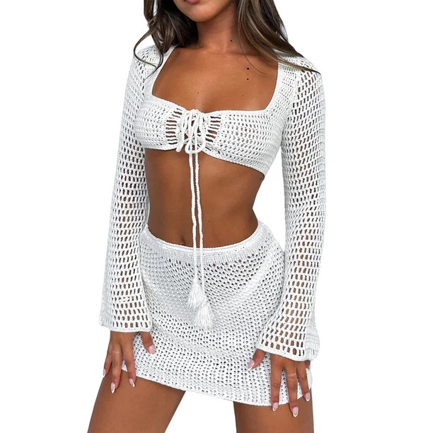 Women Crochet Skirt Set Two Piece Outfits Y2k Knitted Long Sleeve Crop Tops High Waist Bodycon Sk... | Walmart (US)