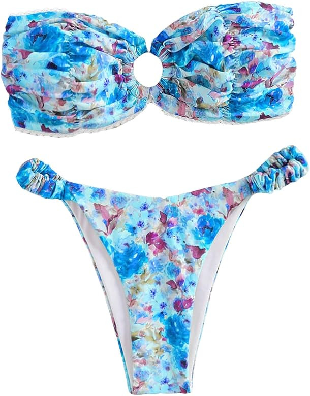 SHENHE Women's Bikini Set Summer 2 Piece Ring Linked Smocked Bandeau Bathing Swimsuit | Amazon (US)