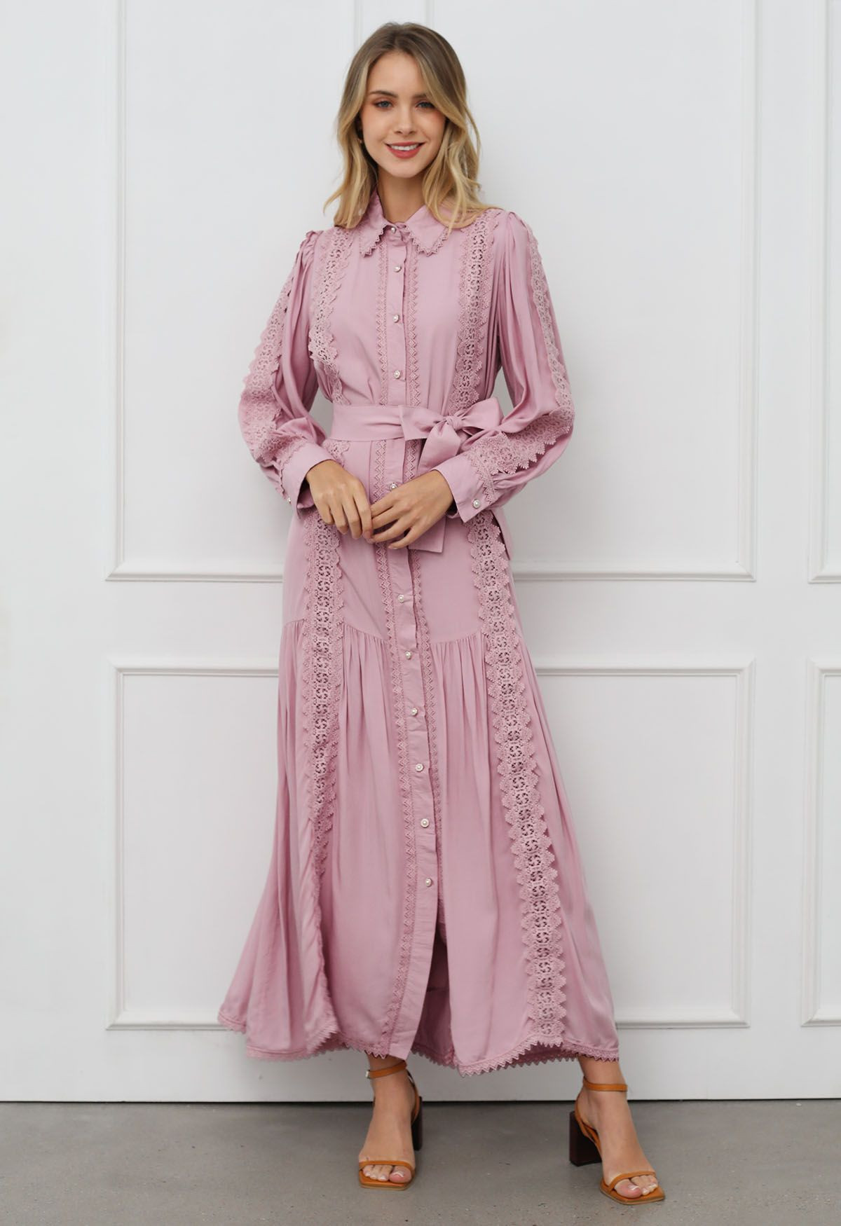 Captivating Lace Tie-Waist Button Down Maxi Dress in Pink | Chicwish