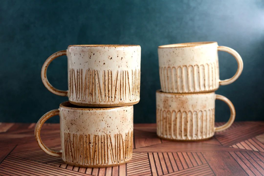 Handmade Carved Stoneware Mug Short Speckled Mug With - Etsy | Etsy (US)