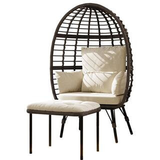 Patio Brown Wicker Indoor/Outdoor Egg Lounge Chair with Ottoman and Beige Cushions | The Home Depot
