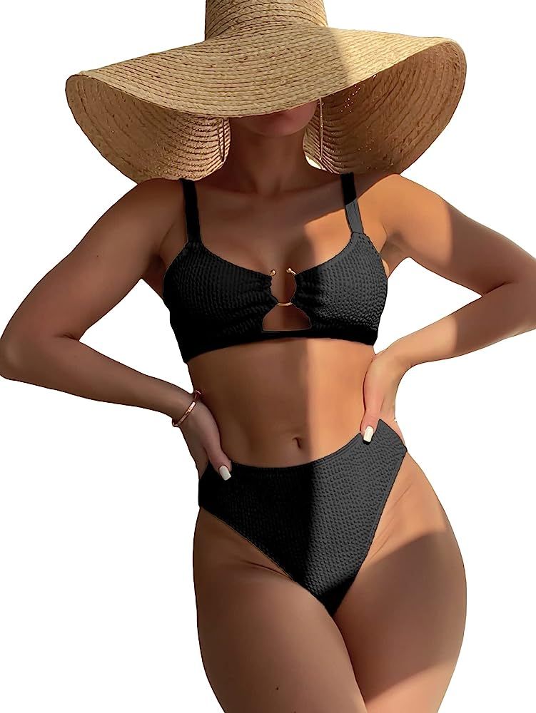 Milumia Women's 2 Piece Bikini Set Textured Cut Out Ring Linked Swimsuit Bathing Suits | Amazon (US)