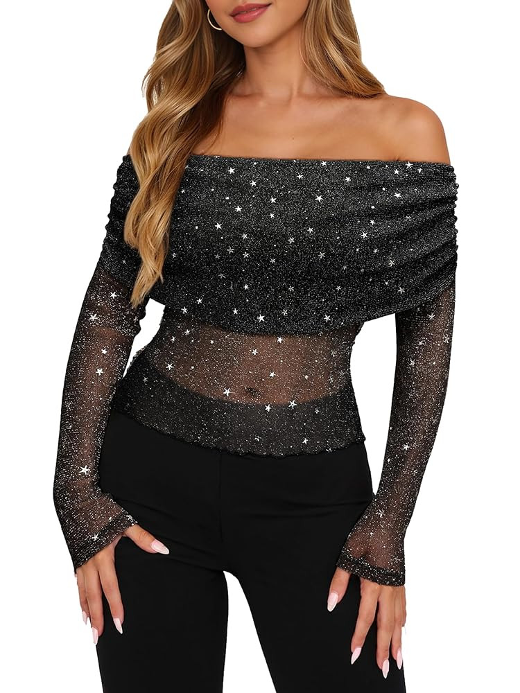 Women Sparkly Off The Shoulder Sheer Mesh Tops Glitter See Through Long Sleeve Foldover Top Party... | Amazon (US)
