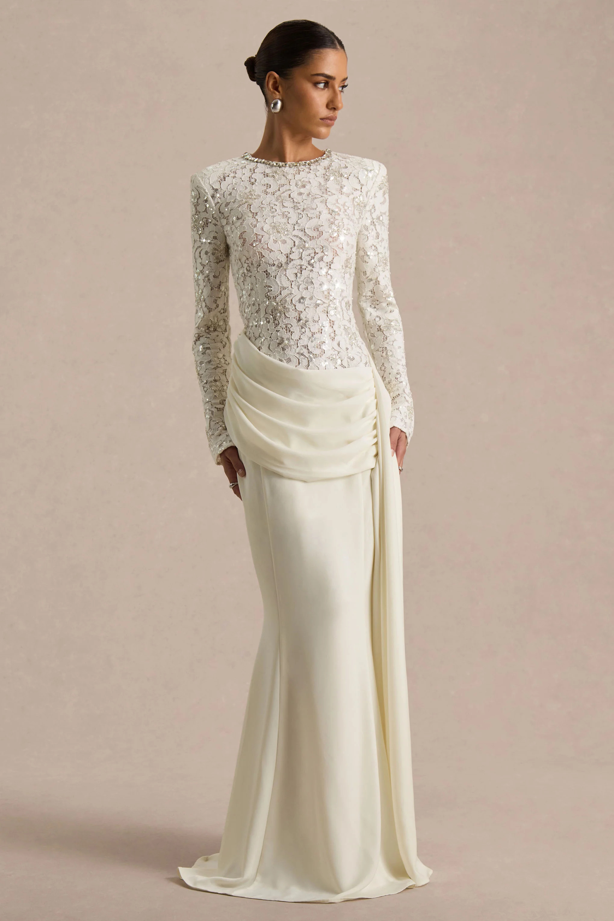 Beau | Ecru Lace Embellished Crew-Neck Maxi Dress With Draped Detail | Club L London
