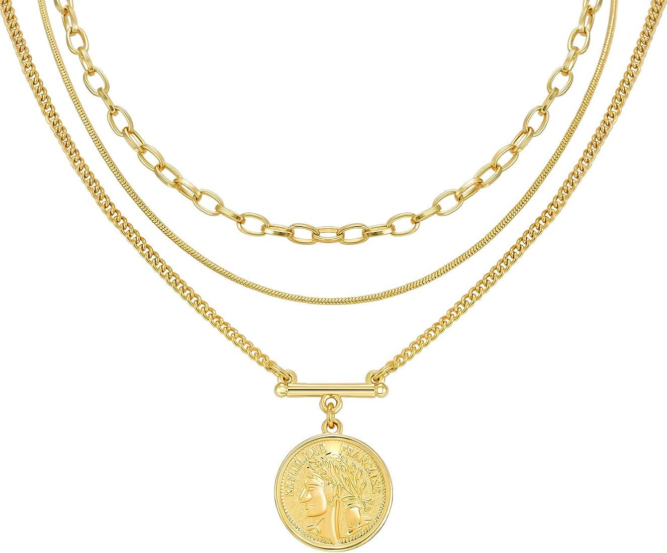Layered 18k Gold Plated Necklaces for Women - Multilayer Coin Medallion Pendant Necklace Adjustab... | Amazon (US)