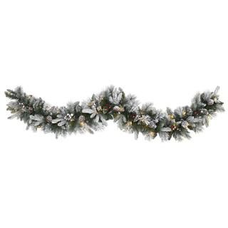 Nearly Natural 6 ft. Battery Operated Pre-lit Flocked Mixed Pine Artificial Christmas Garland wit... | The Home Depot