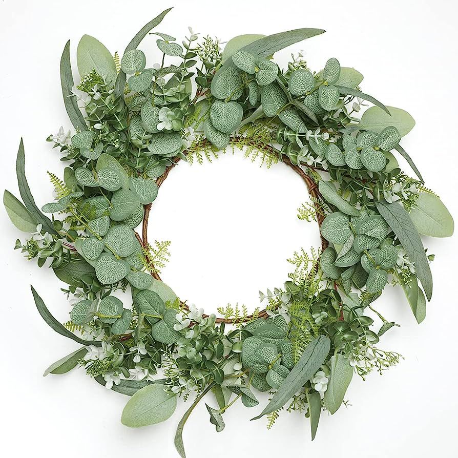 LIFEFAIR Eucalyptus Wreath, 20" Green Spring Artificial Eucalyptus Leaves Wreath for Front Door W... | Amazon (US)