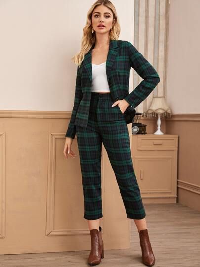 Tartan Lapel Collar Button Up Blazer & Pants | SHEIN