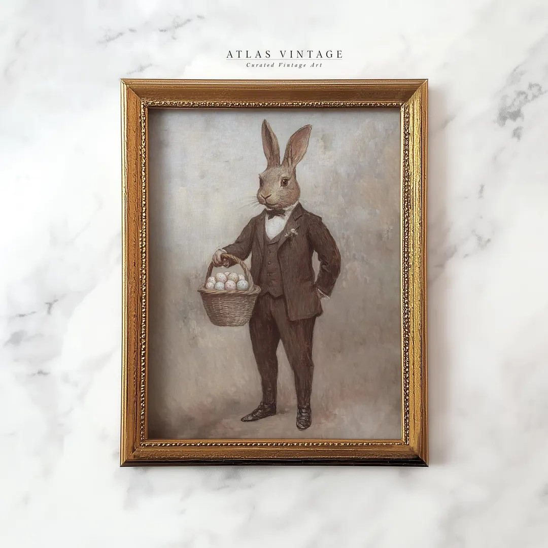 Vintage Easter Bunny Print, Elegant Rabbit in Suit with Basket of Eggs Painting Printable Wall Ar... | Etsy (US)
