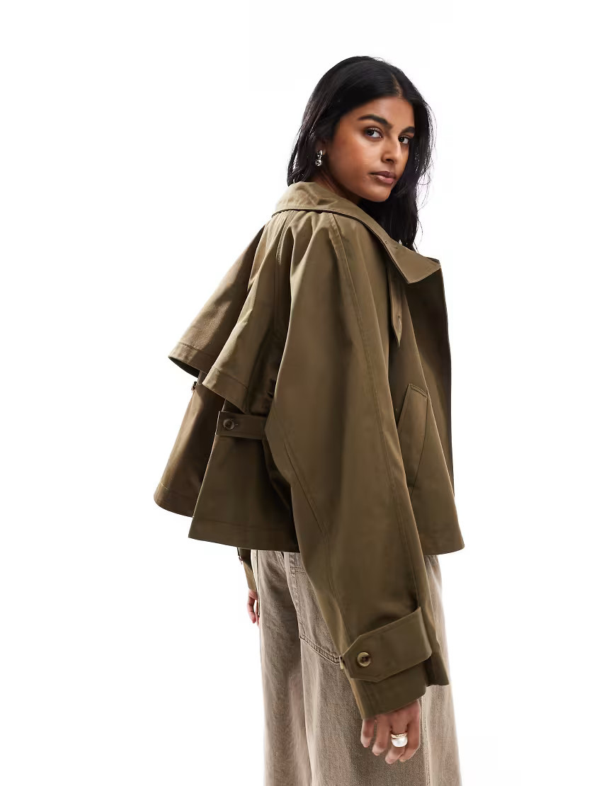 ASOS DESIGN cropped cape detail trench coat in khaki-Green | ASOS (Global)